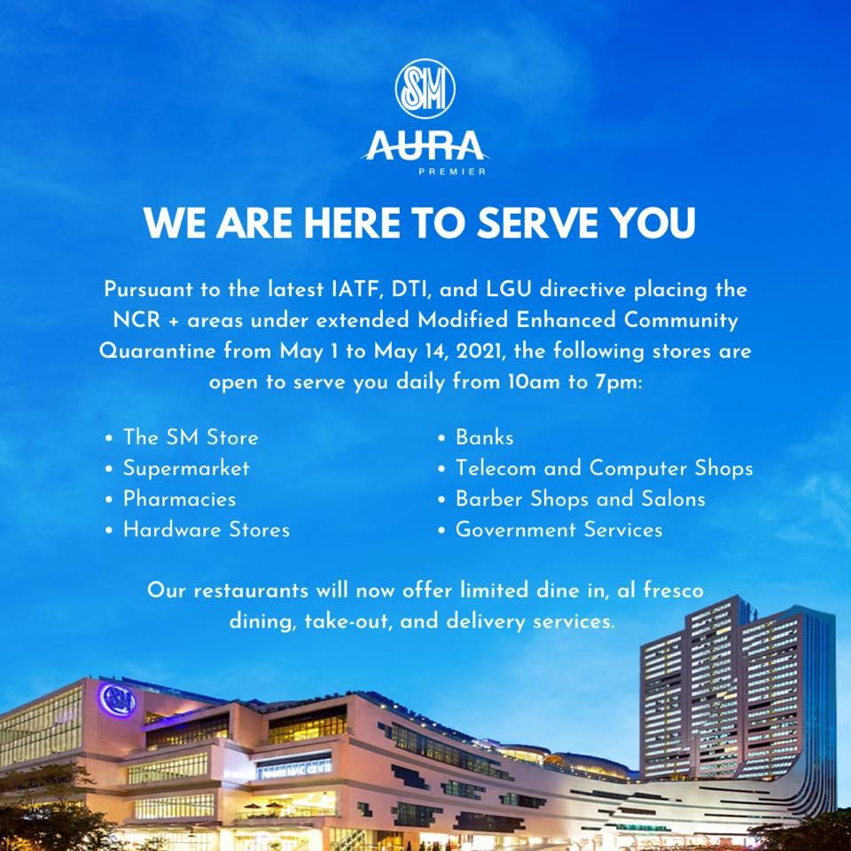 SM Aura Stores, Restaurants and Services open for MECQ SM Supermalls