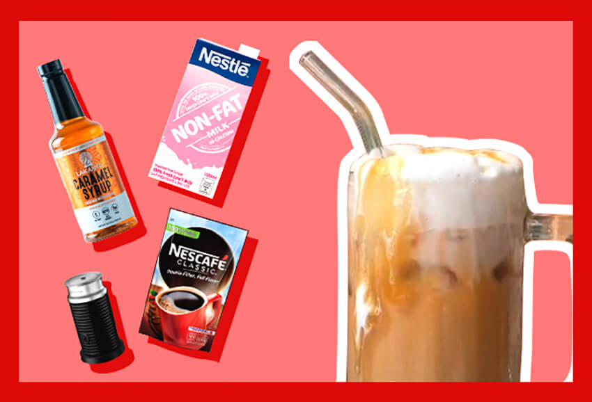 Butter Latte ingredients and kitchen equipment: Milk, Caramel Syrup, Coffee, and Milk Frother from SMMarkets.ph, Healthy Options, and Nespresso