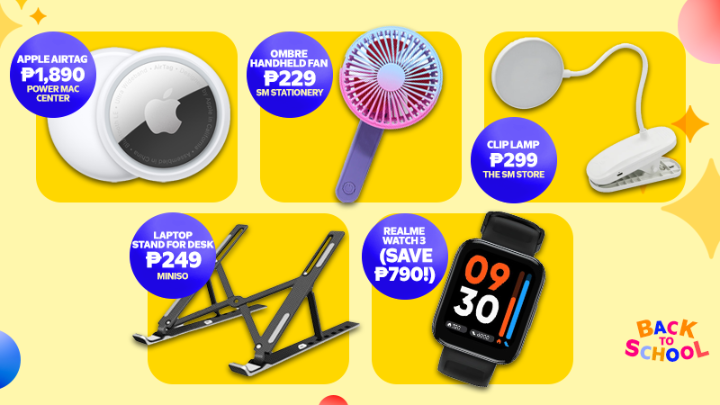 Budget-Friendly Back-to-School Gadgets: Apple AirTag at Power Mac Center, SM Stationery Ombre Handheld Fan at The SM Store, Clip Lamp at The SM Store, Laptop Stand for Desk from Miniso at The SM Store, and Realme Watch 3 | SM Supermalls